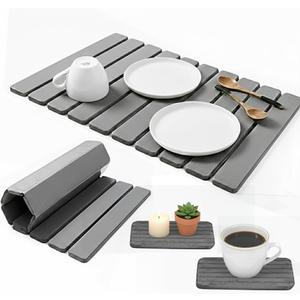 Large Stone Dish Drying Mat for Kitchen Counter, Foldable Quick Dry Stone Dish Mat, Diatomaceous Earth Water Absorbing Pad for Plate Utensils Rack Bottles, Any Countertop (Dark Gray 24"×16" & 2*8"x4")