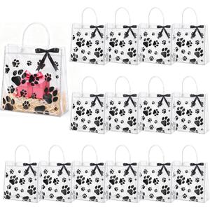 STORRVOL 24 Pcs Dog Paw Clear PVC Gift Bags with Handles 7.8x7.8x3 In Reusable Transparent Dog Treat Bags with Ribbon PVC Tote Bag for Puppy Pet Treat Party Favor Birthday Wedding Party, Black