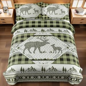 3 Piece Cabin Full/Queen Quilt Sets Farmhouse Rustic Reversible Microfiber Soft Lightweight Bedspread Comforter with 2 Shams Patchwork Country Lodge Bedding Quilts Set for All Season, 90''x96'', Green