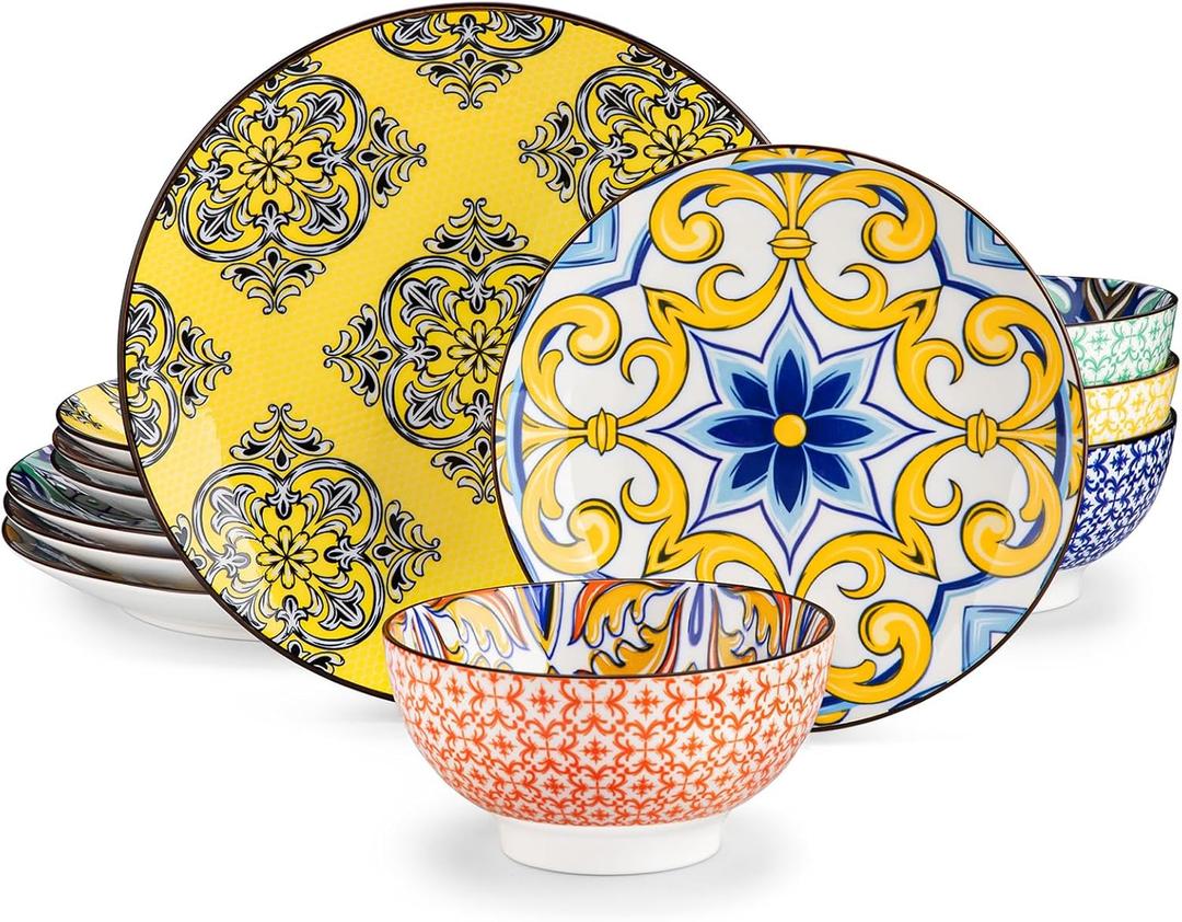 vancasso Plates and Bowls Sets for 4, 12 Pieces Porcelain Dinnerware Sets Dishware Sets Chip Resistant Ceramic Dish Set Dining Dinner Ware Service, Series Jasmin, Hand-Painted Arabic Style (Service for 4 (12 pcs), Mixcolor)