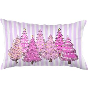 Purple Christmas Tree 12x20 Pillow Cover, Xmas Tree Decor, Preppy Purple Striped Christmas Tree Decorative Lumbar Pillow Covers for Farmhouse Home Bedroom Living Room Sofa Couch