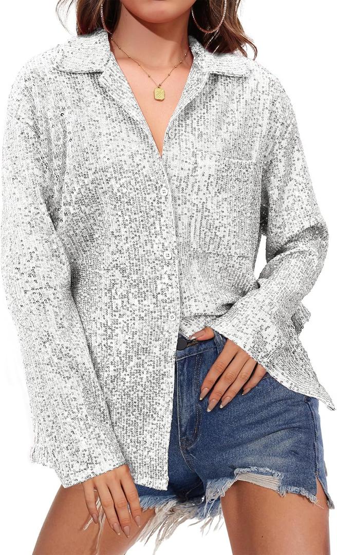 Zando Sequin Tops for Women Sequin Top Sparkly Tops for Women Sparkle Tops for Women Casual Party Club Button Down Shirt (Medium, White)