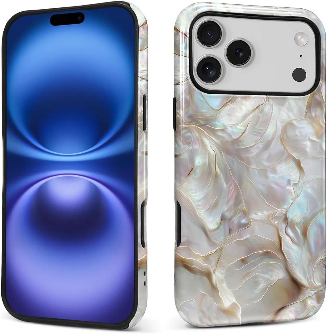 CARLOCA Case for iPhone 17 Pro Max,White Gold Abalone Shell Design Hybrid Dual Protection Soft TPU Hard PC Shockproof Anti Scratch Men & Women Stylish Protective Phone Case