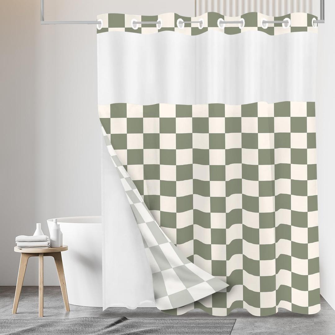 Tititex No Hooks Snap in Liner Beige Sage Green Checkerboard Shower Curtain Sets, Hotel Luxury Grid Double Layers Waterproof Fabric & See-Through Top Window Bathroom Decorative 72x72 Inch