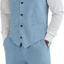 Men's Linen 2 Piece Suit Slim Fit Wedding Groom Groomsmen Summer Vest Shorts Set (Medium, Light Blue)