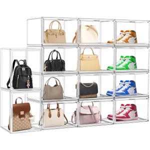 10 Pcs Clear Purse Storage Boxes, Plastic Shoe Boxes Stackable Acrylic Display Case Shoe Organizer with Magnetic Lid, Acrylic Display Box for Collectibles,Purse Organizer,Handbag,Shoes Size 14