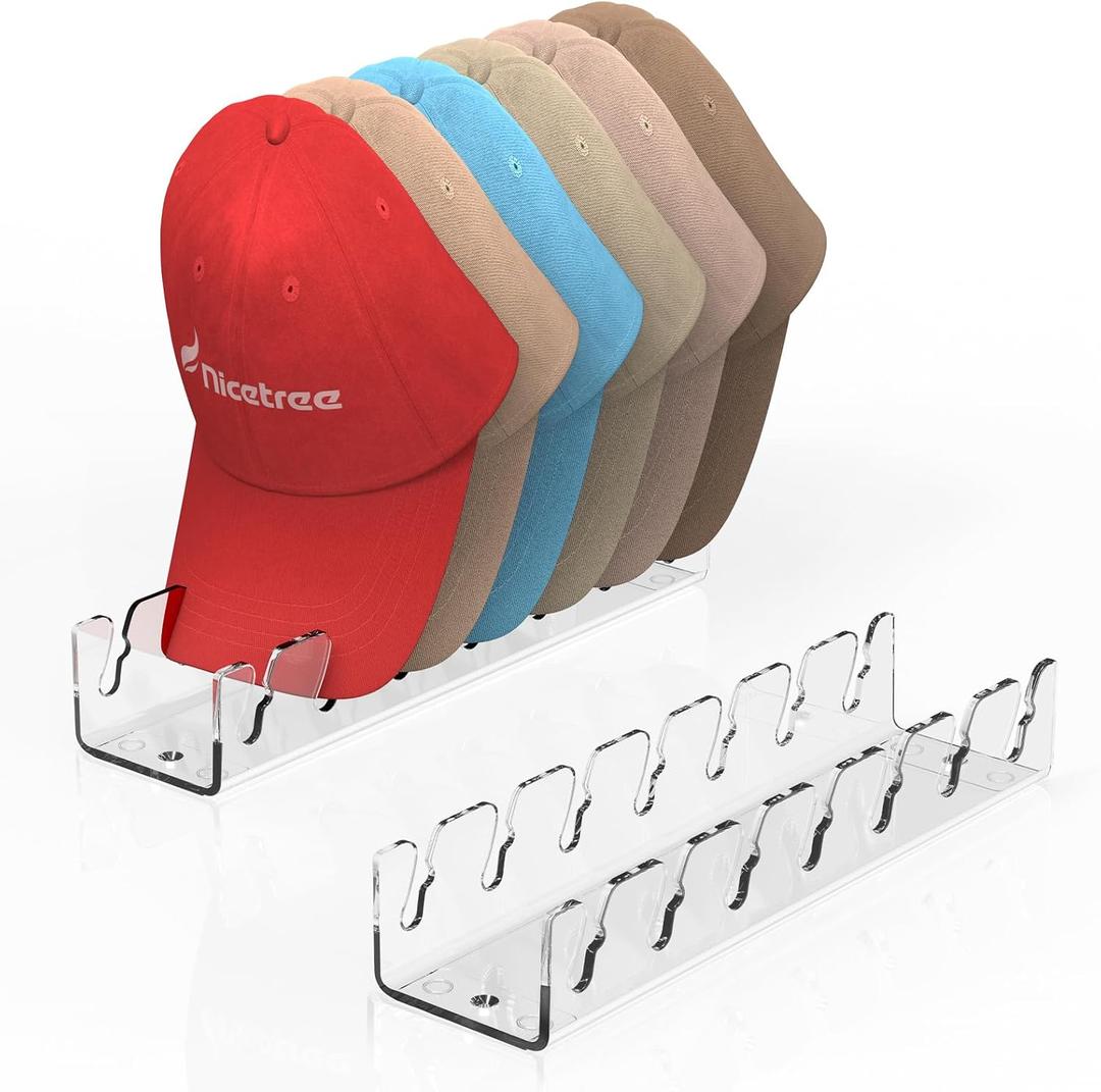 Nicetree Hat Organizer for Baseball Caps, 2 Pcs No Install Acrylic Hat Racks for 14 Baseball Caps Storage, Hat Stand for Caps Display and Organizer for Dresser, Bedroom, Closet, Office