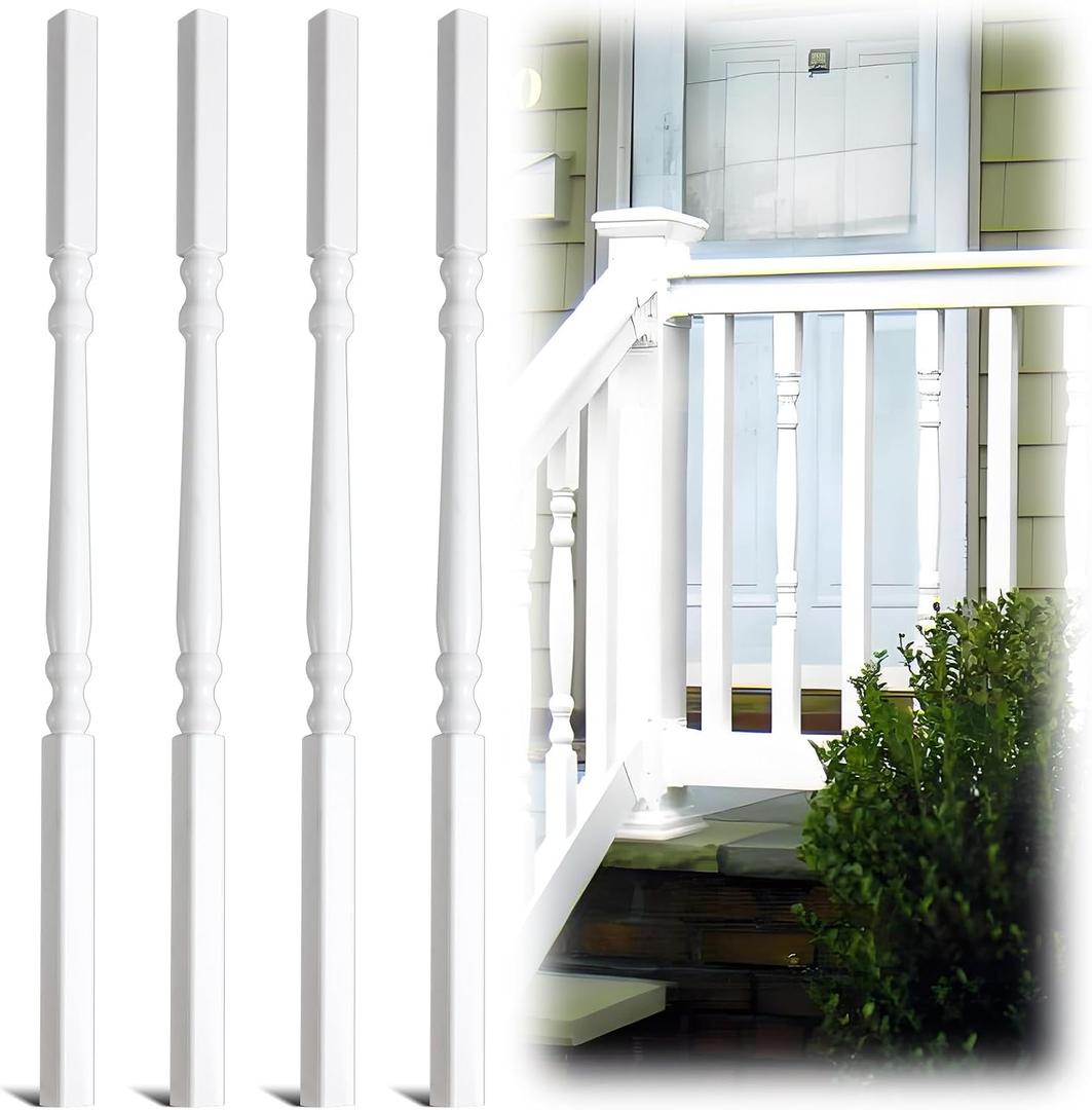 Yaocom 4 Pack Railing Spindles White Vinyl Deck Railings Colonial Style Deck Balusters for European Home Decorative Outdoor Stair Porch Fencing Railings (1 1/4" Sq X 34",Vinyl Railing)