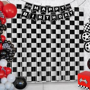 Race Car Birthday Party Streamers Backdrops Decorations, 2 Pcs Checkered Black White Foil Fringe Curtain with Racing Banner Photo Booth Props for Racing Cars One Happy Dude Party Decor Supplies (6.6 x 6.6 ft (2 Pack))