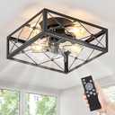 Caged Flush Mount Ceiling Fans with Lights and Remote, Rustic Square Low Profile Ceiling Fan, 6 Speed and Reversible, Small Farmhouse Bladeless Ceiling Fan for Bedroom, Kitchen, Dining Room, Size 18×18 Inch