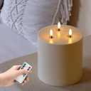 6" x 6" Extra Large Outdoor Waterproof Flameless Candle with 3 Wick, Ivory Plastic Battery Operated LED Candle with Remote and Timer,Flickering Fake Pillar Candles for Garden Patio Porch Home Party
