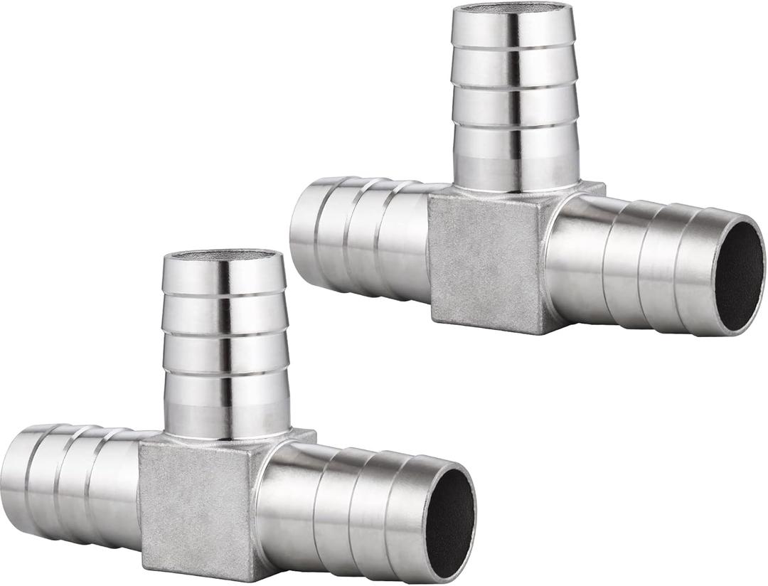 304 Stainless Steel 1-1/4" x 1-1/4" x 1-1/4" Hose Barb Fittings, T Shape 3 Way Barb for Fuel/Gas/AIR/Lquid Ect Splitter (2 Packs)