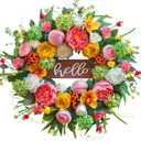 Spring Wreath for Front Door, 24 Inch Artificial Spring and Summer Wreath with Peony, Rose, Orchid, Hydrangea and Gardenia Flowers, Peach, Berries and Hello Wooden Sign, Decor for Indoor Outdoor