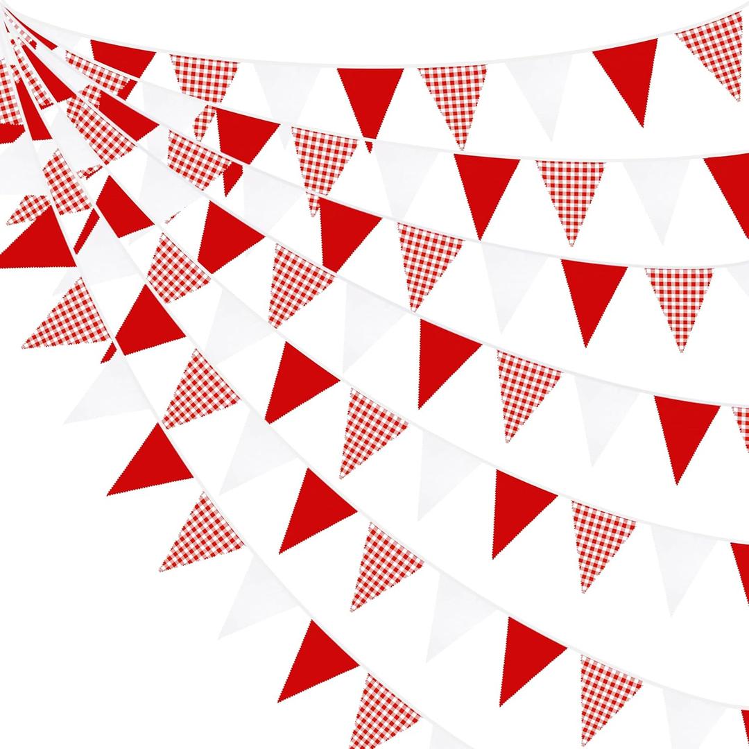 32Ft Red Party Decorations Red Plaid Checkered White Triangle Flag Gingham Pennant Bunting Fabric Garland for Christmas Wedding Birthday Carnival Picnic X-mas Outdoor Home Party Festivals Decoration