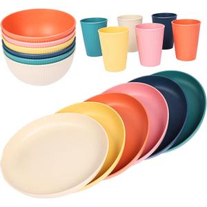 18pcs Wheat Straw Dinnerware Sets, Unbreakable dish Set Reusable Plates, Bowls, and Cups Set dishes Dishwasher Microwave Safe for Kitchen Outdoor Travel Camping (Macron Color)