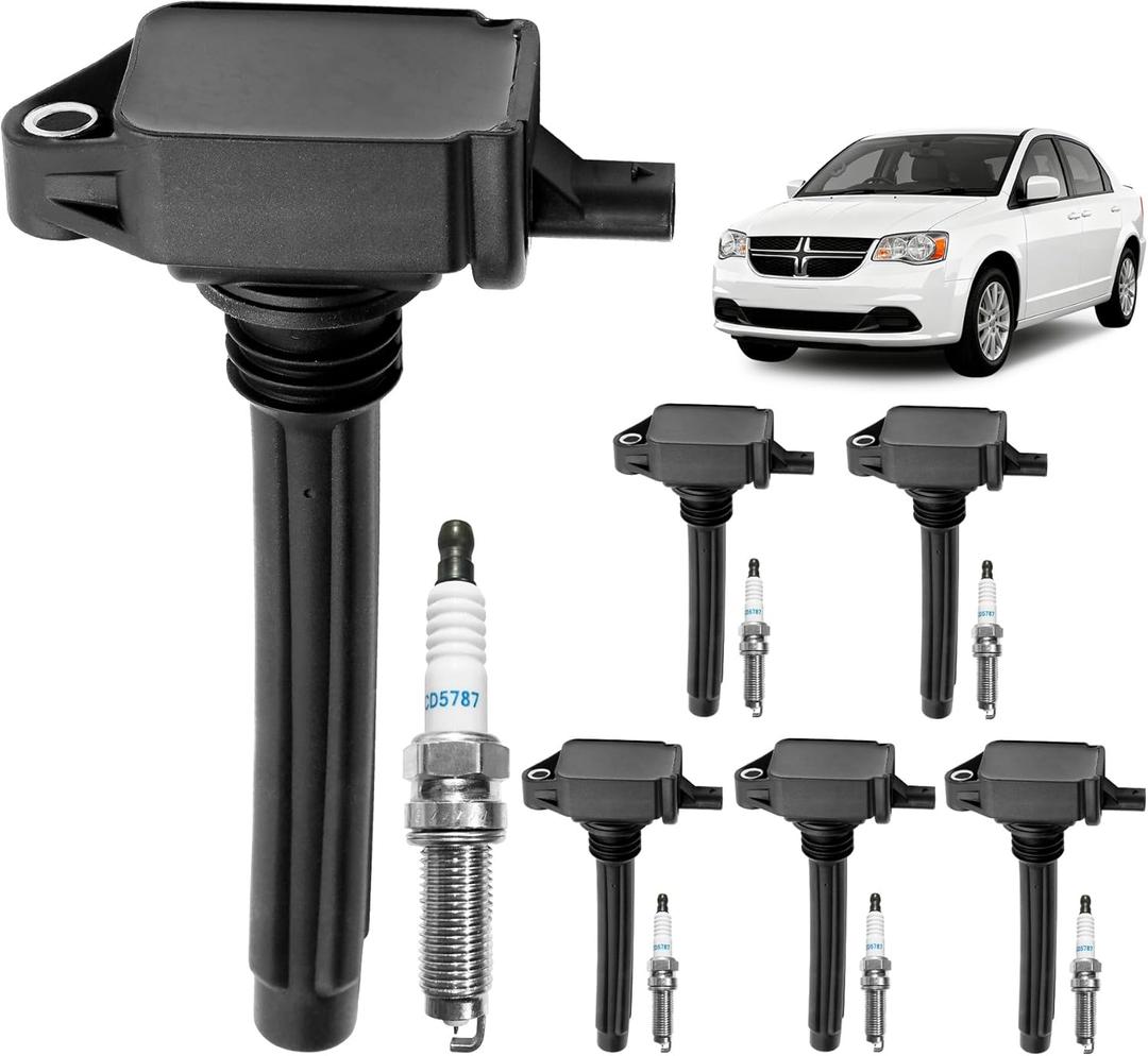Ignition Coil Packs & Spark Plugs Set of 6, Compatible with 2011-2019 Dodge Charger/Grand Caravan, Chrysler 200/300/Town Country, Ram 1500, Jeep Cherokee/Wrangler, Replaces# UF648
