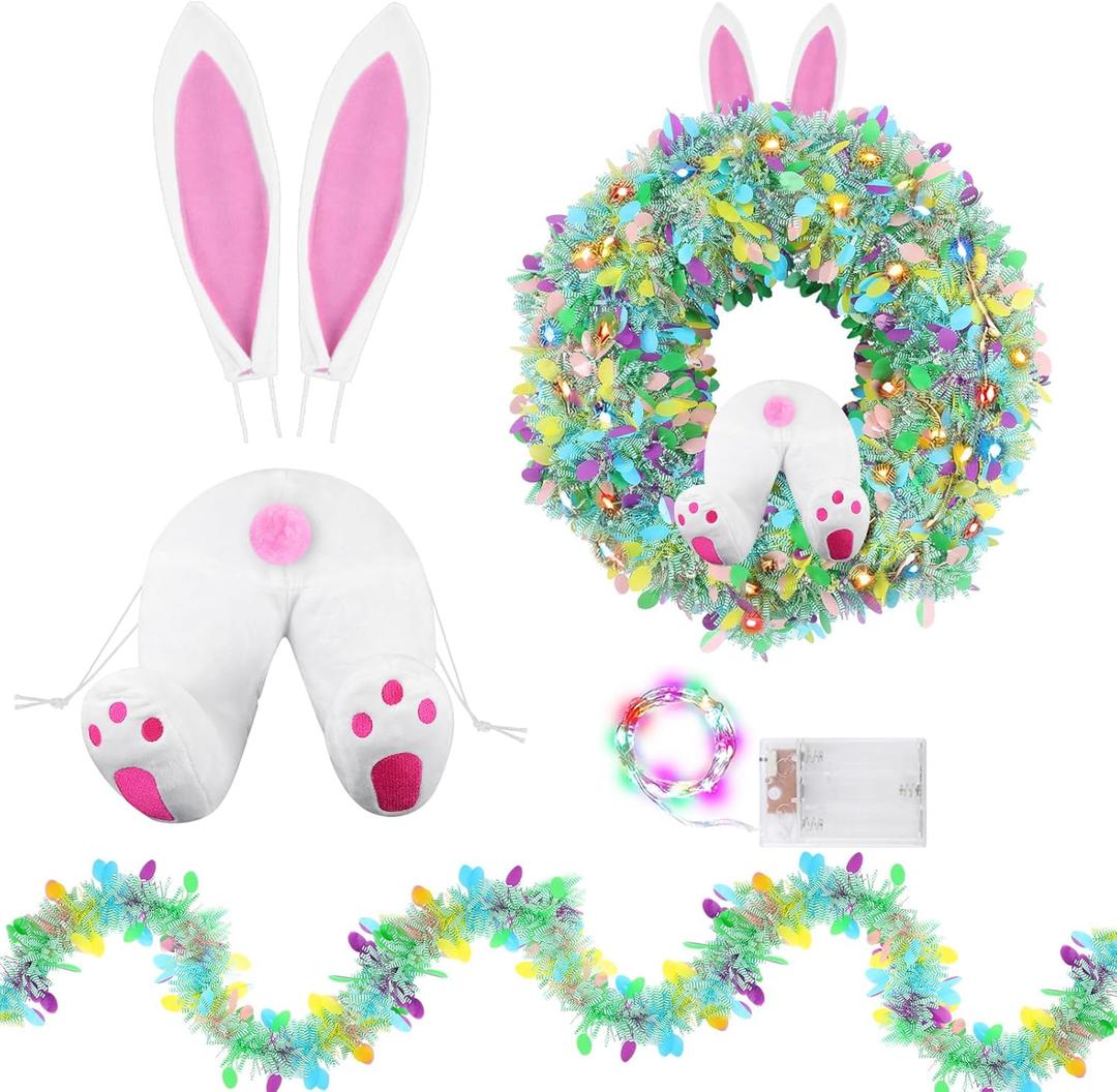 Knitgrip Easter Bunny Butt Wreath DIY Kit Spring Easter Tinsel Garland with LED String Lights Bunny Butt and Ears Wreath Attachment for Craft Front Door Car Spare Tire DIY Outdoor Decoration