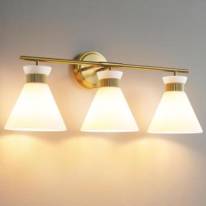 WOSHITU Bathroom Vanity Light Fixtures: 3-Lights Mid Century Modern Vanity Lights for Bathroom Over Mirror, Brushed Gold Wall Sconce Lighting with Frosted Milky Glass Shade for Bath Living Room