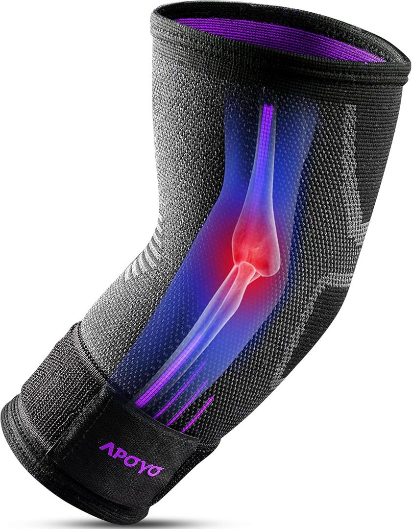 APOYO Elbow Brace for Tendonitis and Tennis Elbow, Elbow Compression Sleeve, Elbow Brace for Women and Men w/ Adjustable Strap for Tennis Elbow Relief, Weightlifting, Arthritis, Workouts, Reduce Joint Pain During Fitness Activity (Purple, Small)