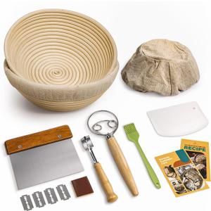Rorecay Banneton Bread Proofing Baskets Set of 2, 9 Inch Round Cane Sourdough Bread Rising Basket Bowls with Sourdough Bread Making Tools Baking Supplies for Sour Dough Proofing Fermentation