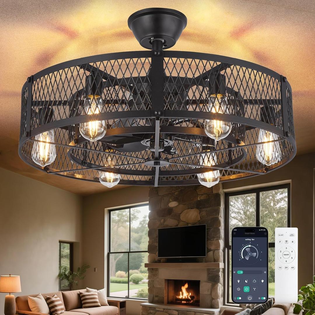 Depuley Black Ceiling Fans with Light: Flush Mount Caged Ceiling Fans Dining Room Light Fixture with Remote - 26 in Farmhouse Fandelier Modern Industrial Low Profile Ceiling Fan for Kitchen Bedroom