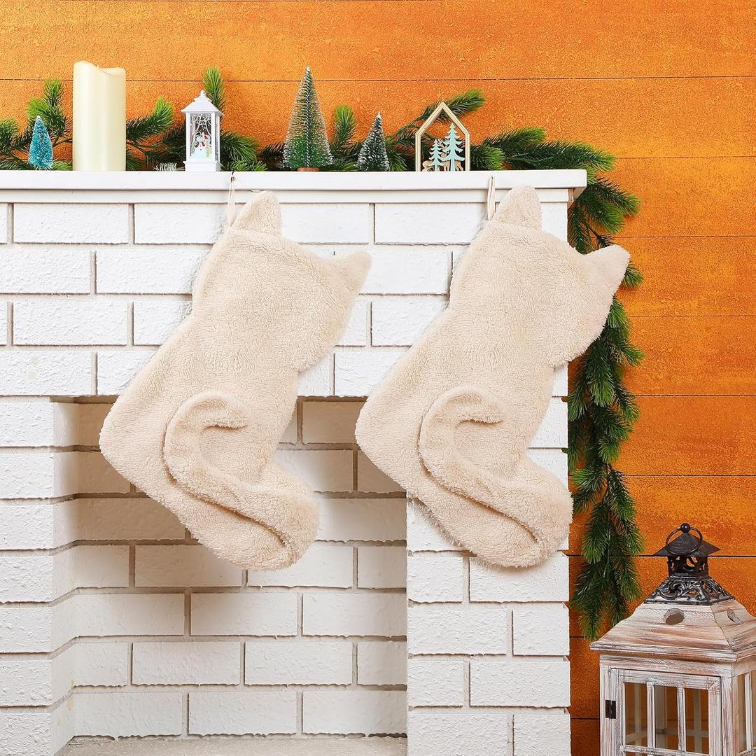 Geyoga 2 Pack Cat Christmas Stockings Pet Christmas Stocking 19'' Large Faux Fur Sherpa Stocking Xmas Fireplace Hanging Stocking Decoration Christmas Cat Gift for Cat Lovers Family Holiday Party Decor (Beige)