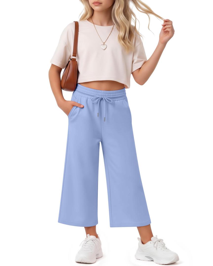 Halfchet Girls Capri Pants Wide Leg Sweatpants Baggy Cropped Pants Loose Fit Casual Basic Capris with Pockets for Ages 5-14(11-12 Years,Light Blue)
