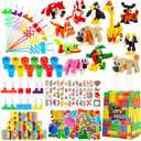 LiYiQ 134 Pcs Building Blocks Party Favors with Reusable Drinking Straws Animal Building Blocks Slap Bracelets Keychains Stamps Stickers and Gift Bags for Kids Gamer Birthday Party Supplies (Building)