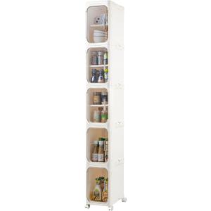 5-Tier Narrow Storage Cabinet Slim Bathroom Storage Cabinet with Movable Wheels Tall Bathroom Organizer Skinny Cabinet for Small SpacesBeige