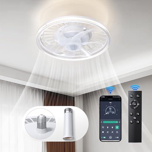 Socket Ceiling Fan Light Bedroom:13 Inch Small Ceiling Fans with Lights and Remote 3 Color Screw in Fan Dimmable LED Ceiling Fan Socket Replacement for Light Bulb Kitchen Living Room(‎Crystal White)