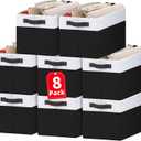 Criusia 8 Pack Large Storage Baskets for Room Organization, Multi-Purpose Bins for Closet, Shelves, Kitchen, Office, Decorative Fabric Foldable Storage Boxes with Handles (14L*10W*9.5H) (White with Black)