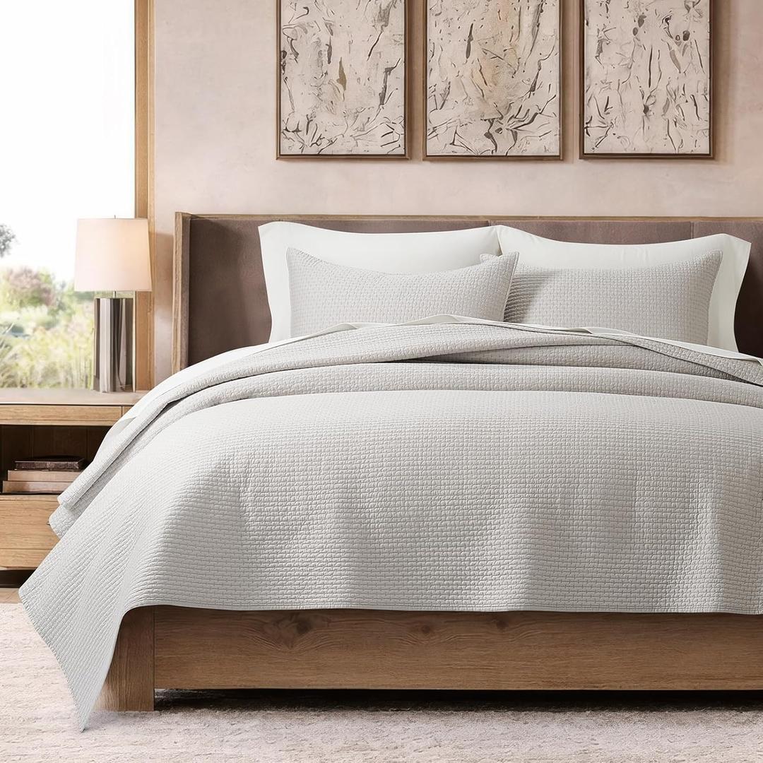 EVERGRACE Cotton Sateen Pick-Stitch Quilt Set Queen Size – 100% Cotton Lightweight Coverlet Bedding, Pre-Washed Oversized Bedspread, Breathable All-Season Quilt Set with 2 Shams, Frost Gray