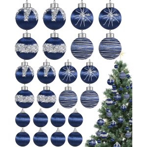 Poen 24 Pcs Christmas Balls Ornaments 3 Size Satin Silk Xmas Hanging Ball Decorations Luxury Shatterproof Christmas Tree Decor for Xmas Holiday Wedding Party Decoration(Blue)
