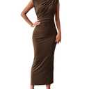 BTFBM Women Ruched Bodycon Maxi Dresses Summer Casual Sleeveless Lightweight Slit Elegant Cocktail Wedding Guest Dress(Coffee, Medium) size M