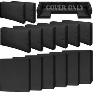 14 Piece Outdoor Patio Waterproof Cushion Covers, Fits 6-Seat Wicker Rattan Sectional Couch Chair Furniture Cover Replacement Set - Fade-Resistant Patio Cushion Covers with Zipper (Black)