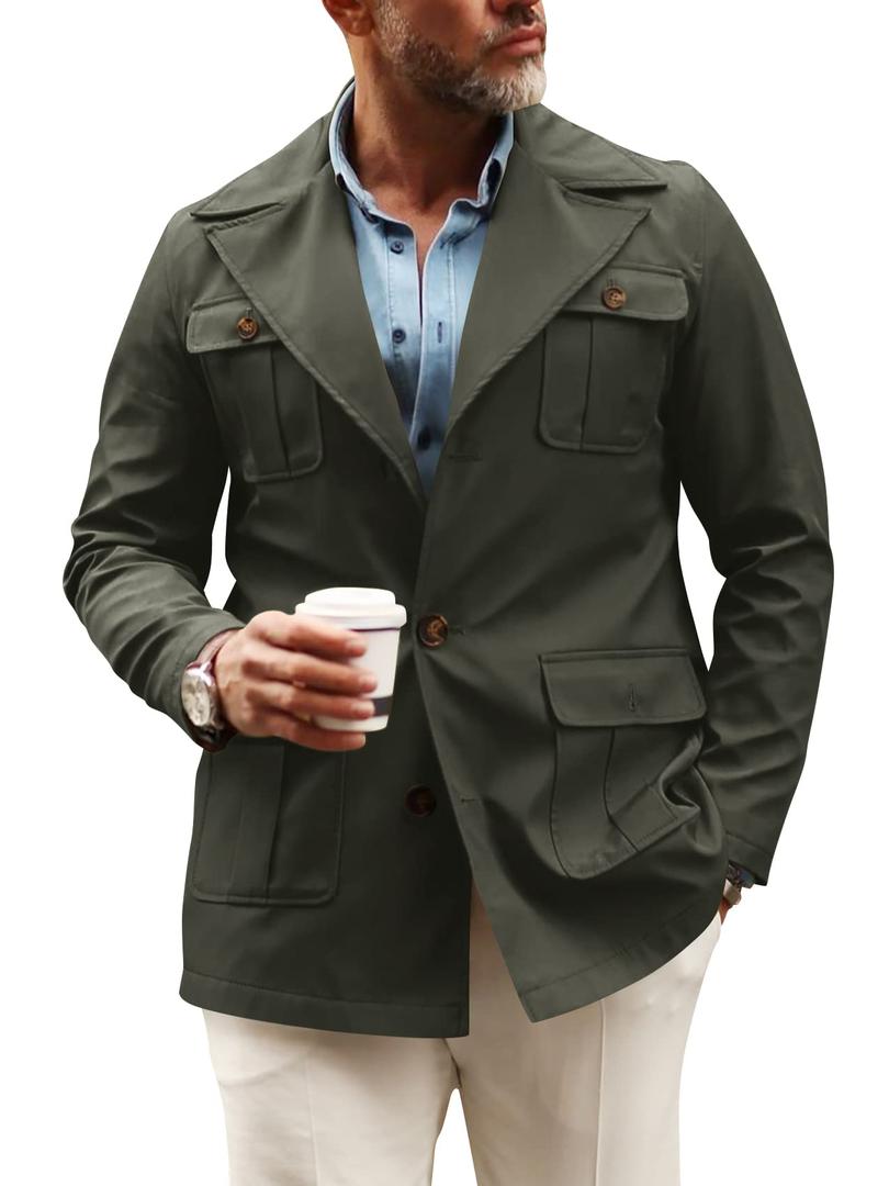 Pretifeel Mens Lightweight Safari Jacket Casual Military Button Up Multi-Pocket Cargo Coat Outwear, XL