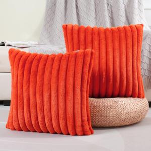 FUTEI Burnt Orange Striped Decorative Throw Pillow Covers 20x20 Inch Set of 2,Square Fall Decorations Couch Pillow Case,Soft Cozy Faux Rabbit Fur & Velvet Back,Modern Home Decor for Bed