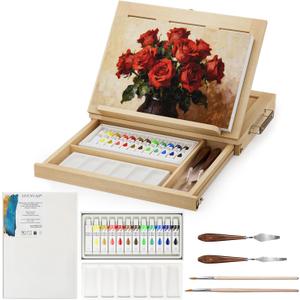 LUCYCAZ Art Easel for Painting, Tabletop Painting Easel Set for Kids, Pine-Wood Portable Easel Stand for Artists with Canvas, Acrylic Paints, Brushes, Palette and Palette Knives for Adults Beginners