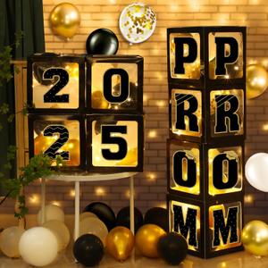 Graduation Prom Party Decorations Class of 2025, 8 Pcs Black and Gold Balloon Boxes with Letters and Light Strings, Graduation Prom Party Supplies Decor for College High School Congrats Grad Ceremony