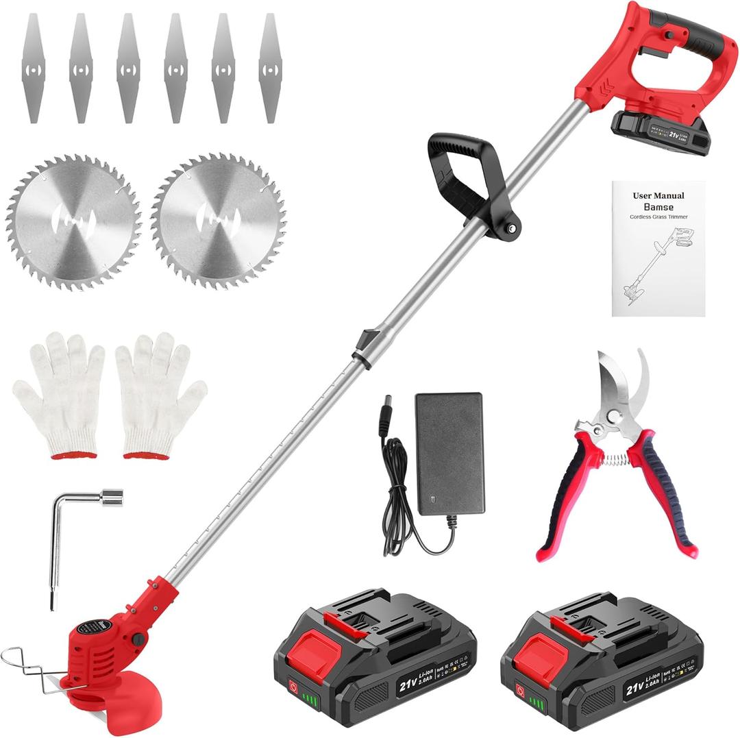 Weed Wacker 21V, Bamse Cordless String Trimmer with 2 Batteries 2.0Ah, 2 Types Metal Blades Powered Weed Eater, Pruning Shears, Adjustable Pole GrassTrimmer for Garden and Yard Lawn, Red