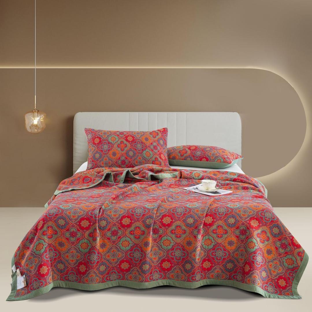 100% Cotton Muslin Blanket Jacquard Rustic Red Vintage Floral Paisley Quilt, Soft Bed Cover 3 Layers Lightweight Breathable Gauzy Reversible Bedspread Coverlet, Twin(59"x94"), No Pillow Sham