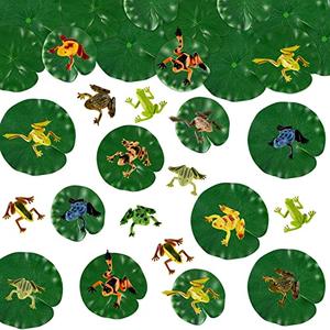 Hungdao 48 Pieces Mini Plastic Frog Toys ＆ Artificial Lily Pads, Include Colorful Realistic Frogs Rainforest Animals Pond Toys ＆ Floating Foam Leaves for Kids Sensory Bin Water Table Pool Cake Decor