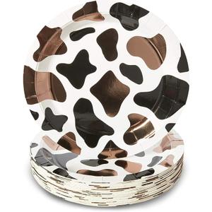 BLUE PANDA 48 Pack Cow Print Paper Plates (9 Inch) for Barnyard Birthday, Farm Animal Party - Cow Baby Shower Supplies (Brown Foil Print)