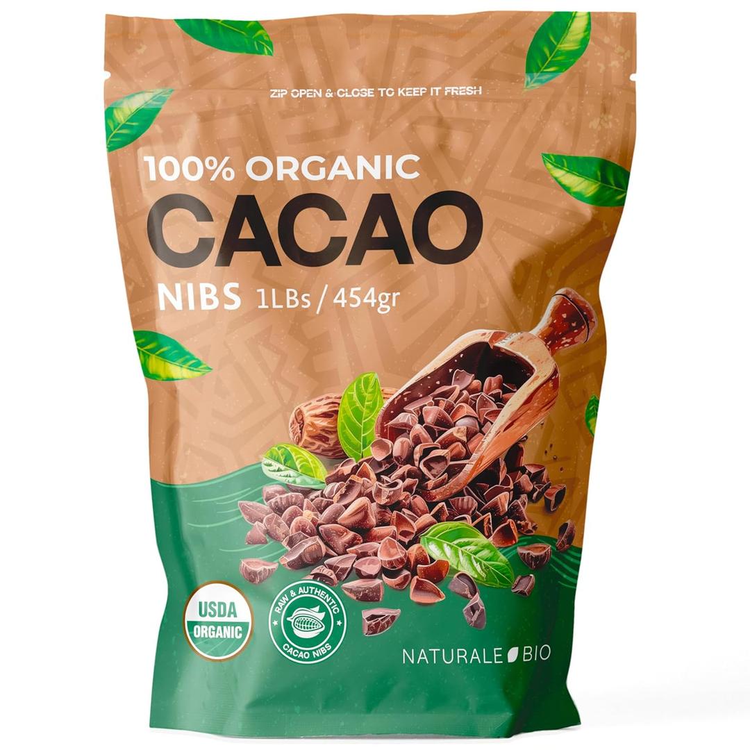 NaturaleBio Organic Raw Cacao Nibs 1 lb. Natural and Pure. Made in Tropical Regions from The Theobroma Cacao Plant. Source of Magnesium, Potassium, and Iron. Ideal as Sugar-Free Chocolate Chips. (1lb), Best By  01, 2026