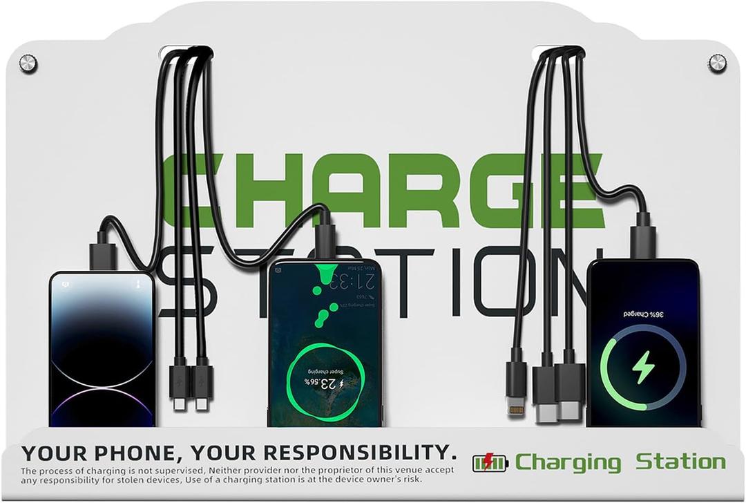 Wall Mount Cell Phone Charging Station for Famil Business Public Community | 8 Ports High Speed Cables | Compatible with iPad, Samsung, Android,Tablets and More