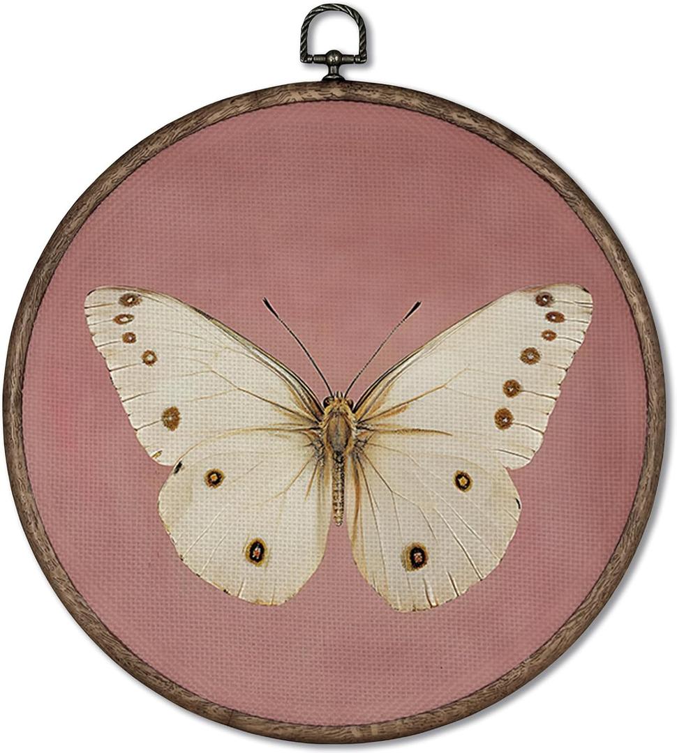 GWFSJYU Vintage Pink Butterfly Framed Wall Art, Coquette Moody Butterfly Round Canvas Prints Wall Art, Antique Butterflies Moth Hanging Decor for Bedroom Living Dorm Girls Room, 10x10inch