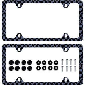 2pcs Blue and Black Checkerboard License Plate Frame Colorful Checkered License Plate Holders Stainless Steel Auto Accessory Bracket Holes Screws Universal Us Car License Plate Frames 6.2 x 12.2 Inch