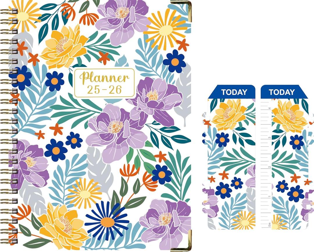 2 x Daily Planner 2025-2006, Weekly & Monthly Planner,July 2025 - June 2026 Day Planner, 6.2 x 8.25 Flexible CoverWirebound Note Pages with Monthly Tab, Back Pocket, Premium Paper,(Flower B09)