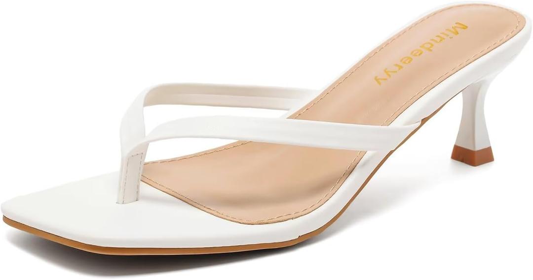 Mindeeryy Thong Sandals Kitten Heels Square Toe Flip Flops Slip On Heels for Women Kitten Heel Sandals Low Heel 2.4 Inch for Casual White, Size 7.5