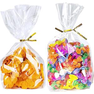 PigPotParty Cellophane Treat Bags 6x9 Inch, 50 Pack Clear Goodie Bags with Bottom Gusset for Stand-Up Display, Small Plastic Gift Wrap for Cookies, Candy, Party Favors, Popcorn, Includes 50 Gold Ties
